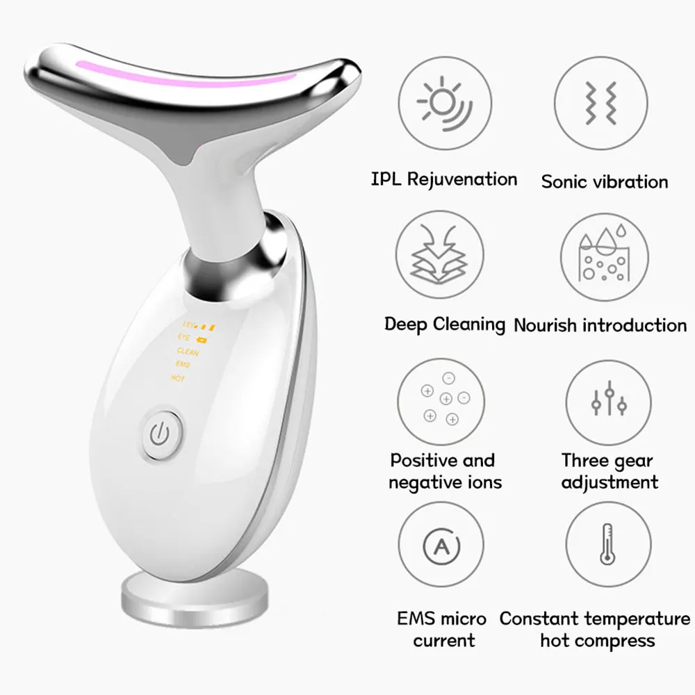 LED Photon Therapy Neck Facial Lifting Massager EMS Skin Tighten Reduce Double Chin Heating Anti-Wrinkle Remove Neck Eye Device