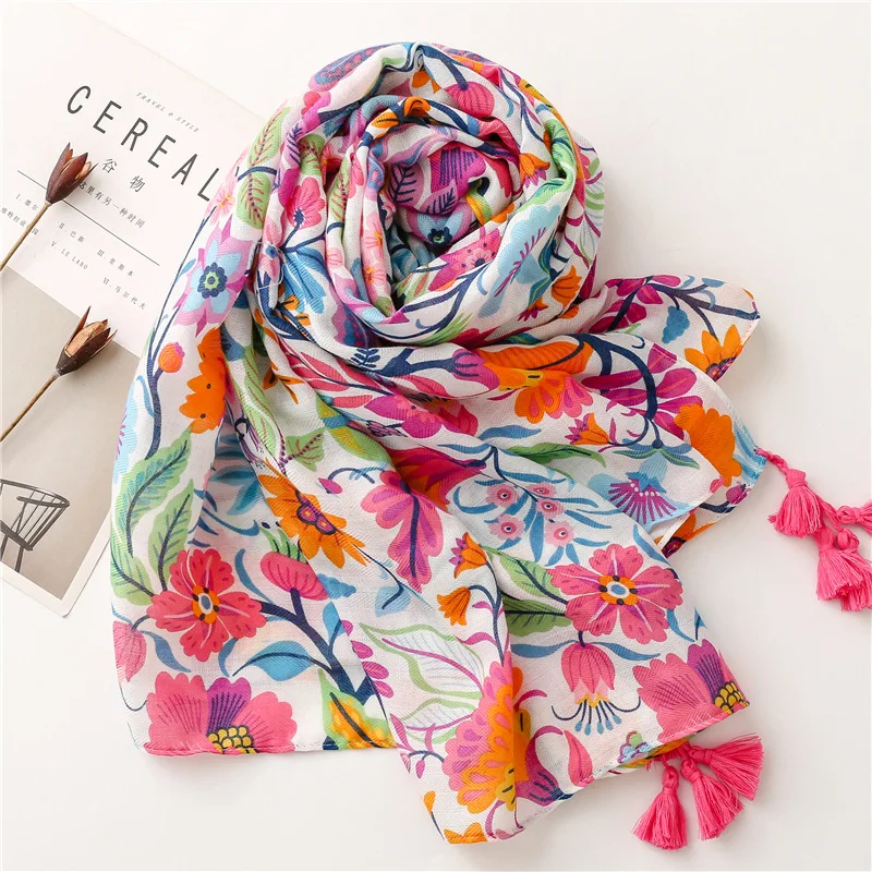 VISROVER 2022 Pink Flower Print Viscose Summer Scarf  Woman Luxury Wraps Poncho Beach Shawls Hijab Designer Scarves Dropshipping