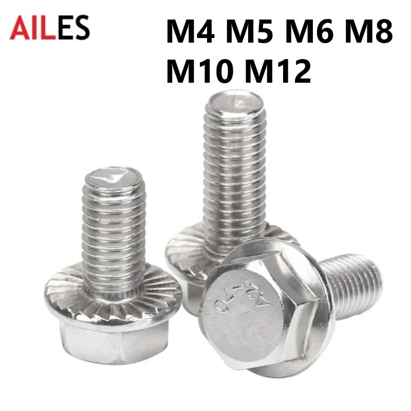 

M4 x 12mm 300pcs External Hexagon Flange Bolts 304Stainless Steel Hexagonal Flange Screws with Anti Skid Pad 8 10 20 30 70mm