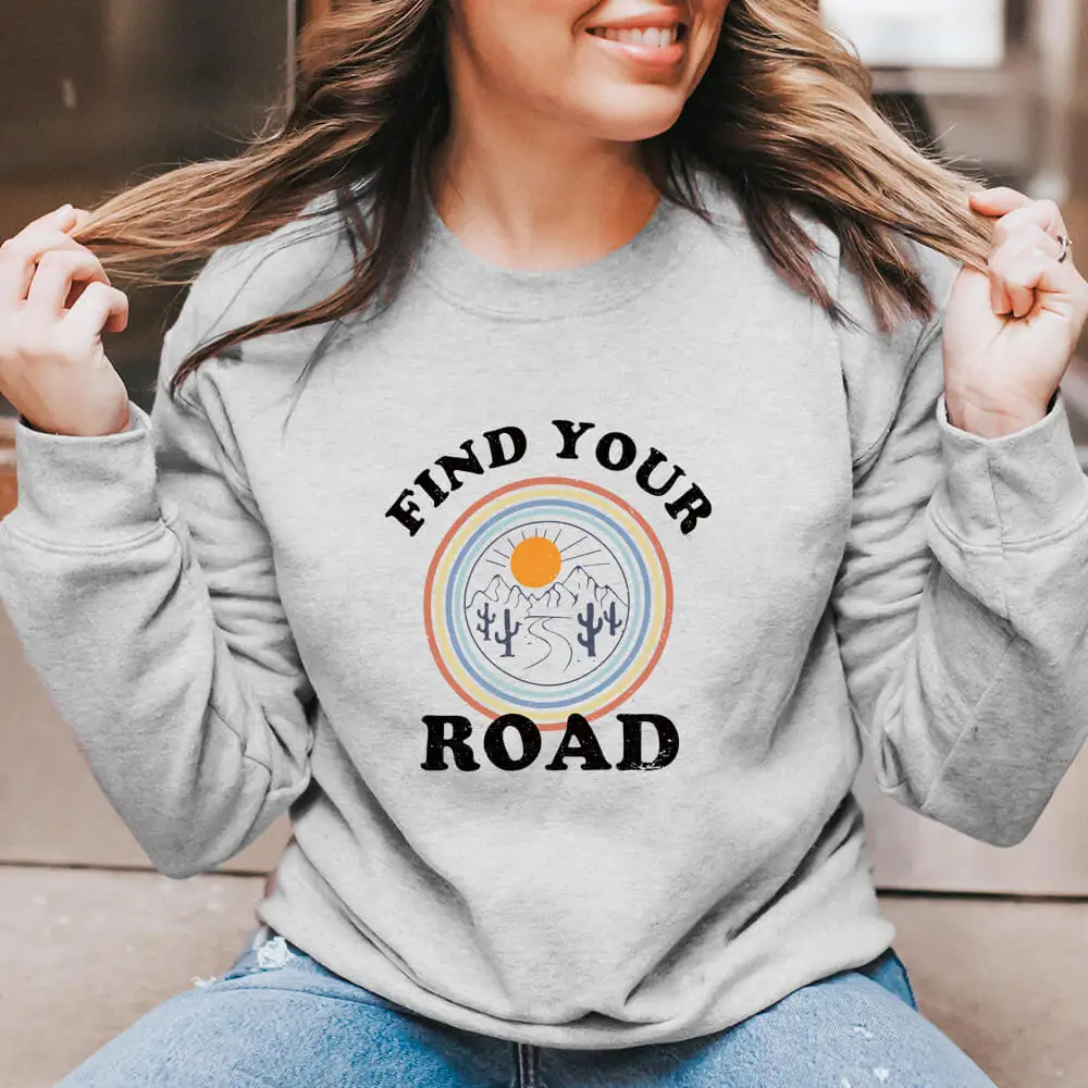 Find Your Road  Mountain Sunrise Print 100%Cotton Women Sweatshirt Ourdoor Hiking Spring Autumn O-Neck Pullovers Long Sleeve Top