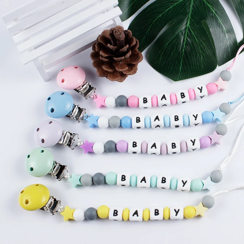 Neues Baby personal isierter Name handgemachte Schnuller Clips Halter Kette Silikon Schnuller Ketten Fünf-Sterne-Baby Beißring Beiß kette