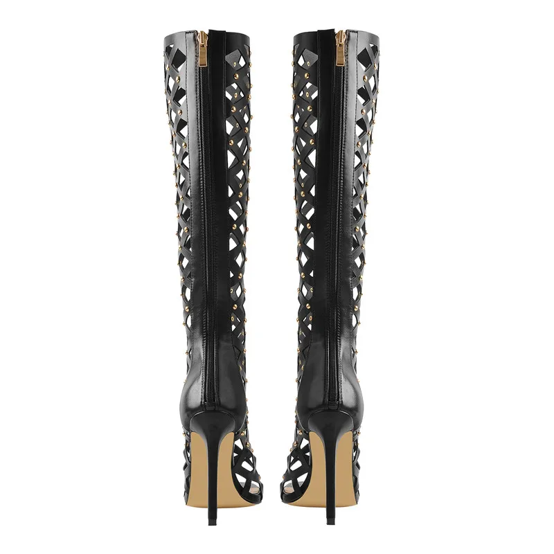 Onlymaker Women Peep Toe Black Hollow Grid Stiletto Zipper Knee High Boots High Heel Plus Size Sandals Boots For Summer