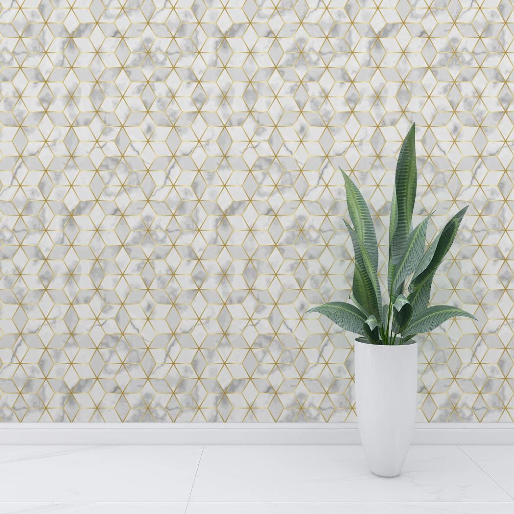 Peel And Stick Imitation Tile Sticker Geometry Golden Hexagon Self Adhesive Wallpaper Waterproof For Bathroom Kitchen Home Decor