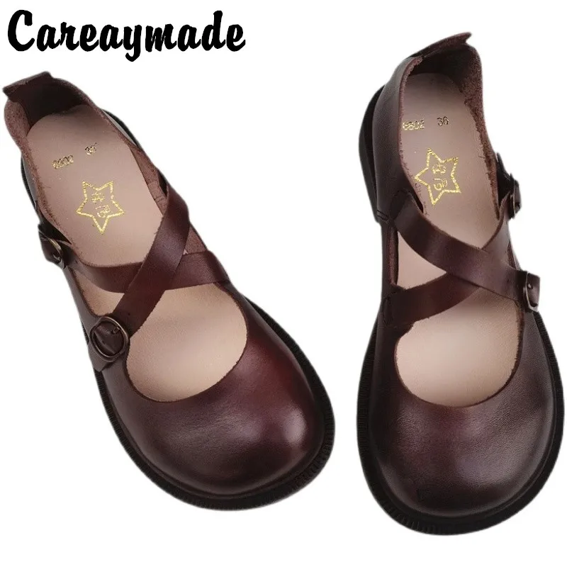 Careaymade-Genuine leather big shoes retro literature art wide edition women\'s shoes original single shoes breathable flat soft