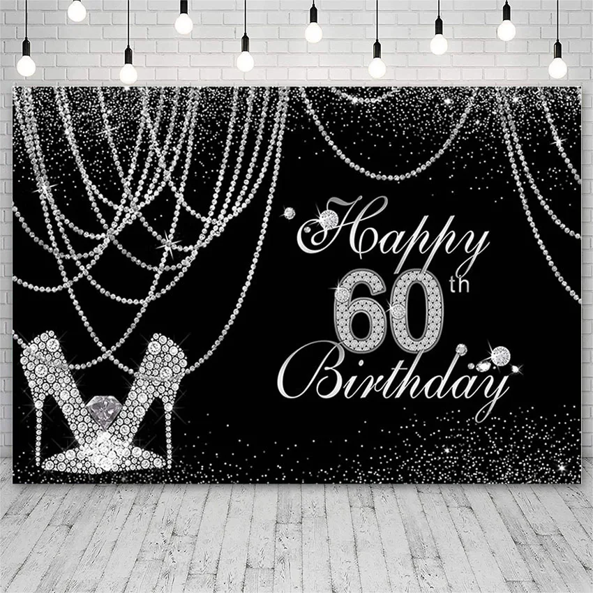 

Avezano Photography Backdrop Happy 60th Birthday Diamond High Heel Jewelry Glitter Customizable Background Photo Studio Decor