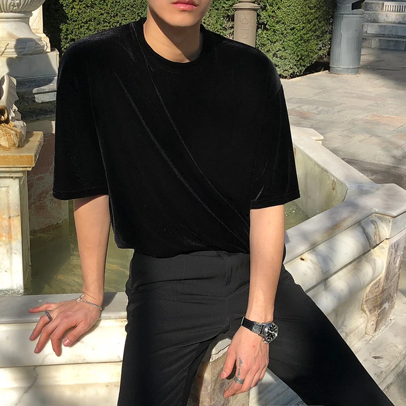 

Gold velvet short-sleeved men's T-shirt trend ins super hot top Korean summer dress half-sleeved plush Hong Kong style