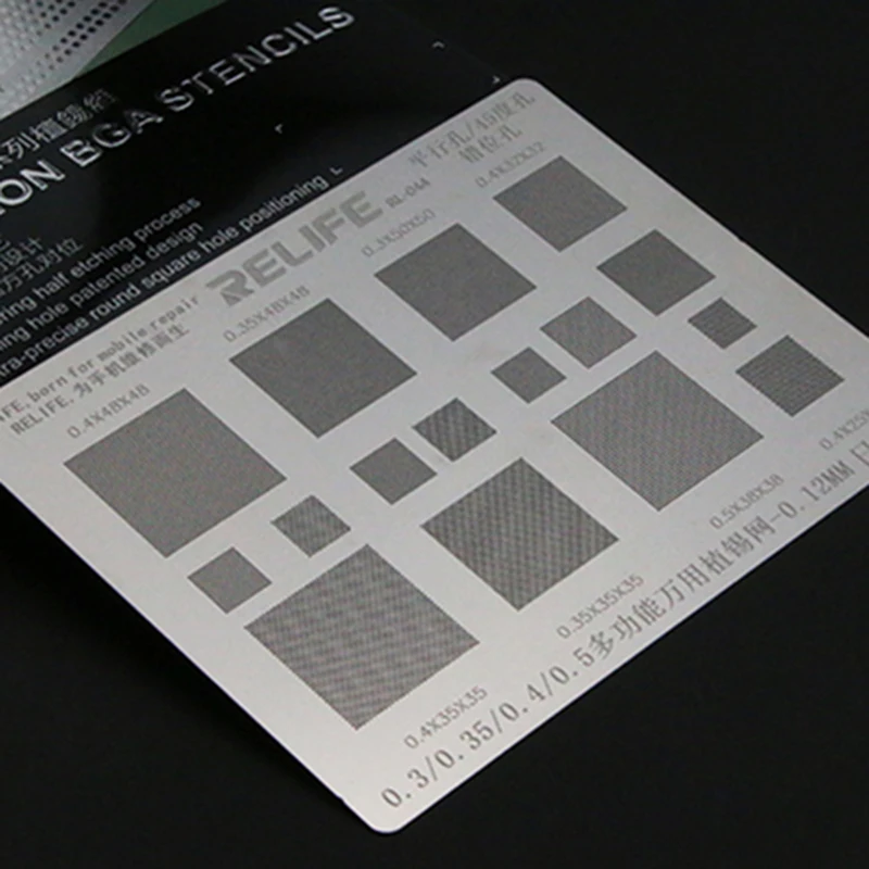 RELIFE RL-044 Multi-Purpose BGA Stencil 0.3/0.35/0.4/0.5/Parallel/45 Degress Hole 0.12MM Direct Heat Template Solder Rework Net