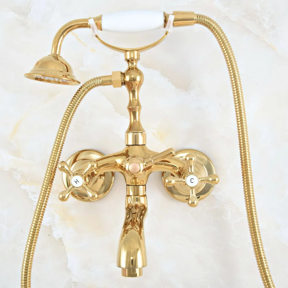 

Luxury Polished Gold Color Brass Bathroom Wall Mounted Clawfoot Tub Faucet Taps Set With Hand Held Shower Head Spray mna809