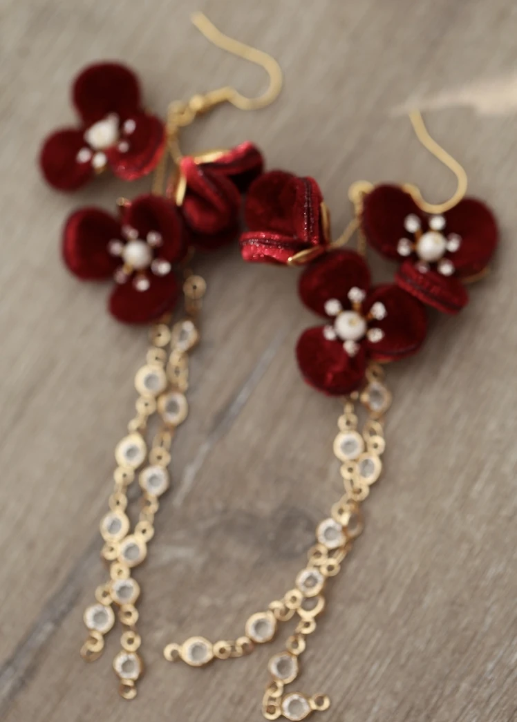 Handmade Burgundy Flower Bridal Drop Earrings Wedding Accessories Pearls Crystal Women Earring Jewelry