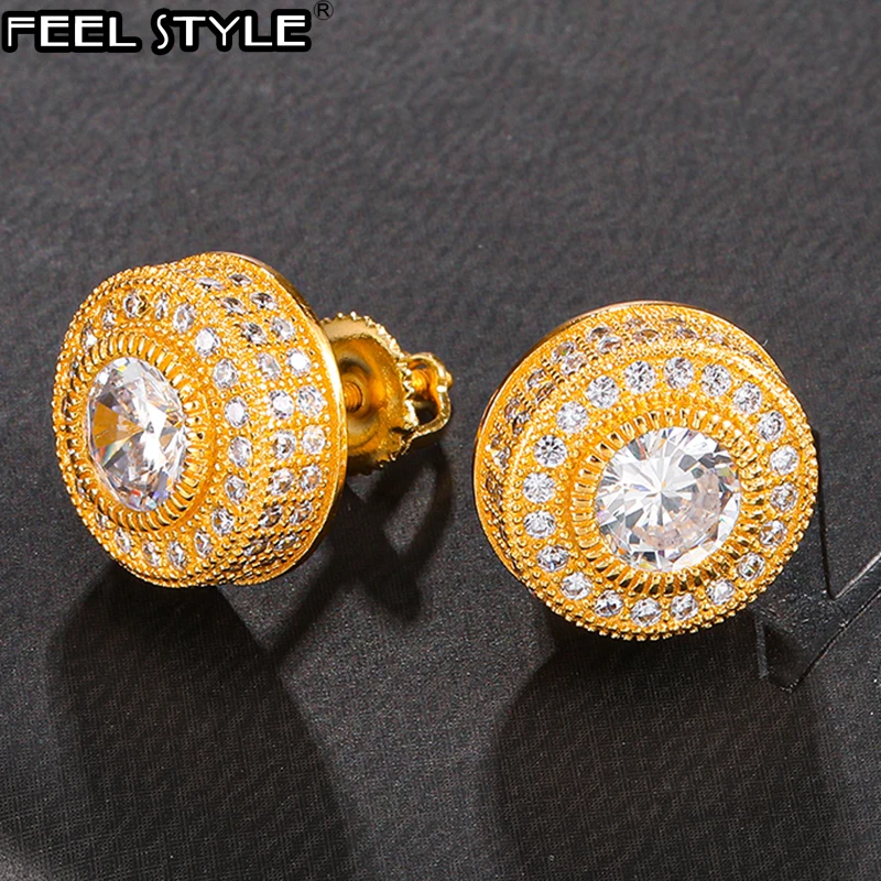 Hip HOP 1Pair Micro Full Paved Round Rhinestone Zircon CZ Stone Bling Iced Out Stud Earring Copper Earrings For Men Jewelry