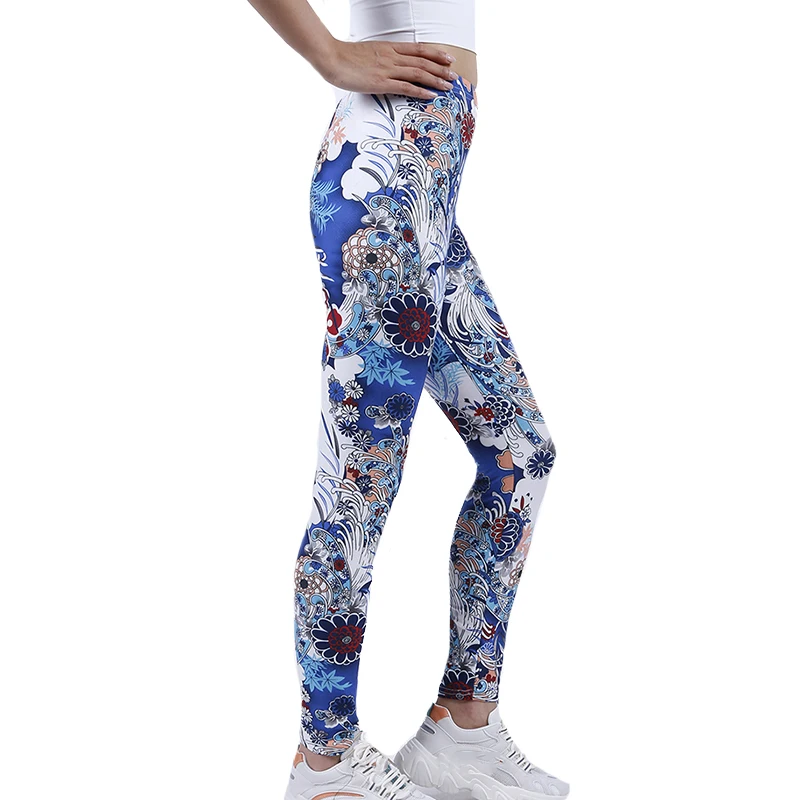 YSDNCHI High Waist Strethcy damskie legginsy z nadrukiem niebieskie białe kwiaty zajęcia na świeżym powietrzu leginsy spodnie do fitnessu spodnie sportowe