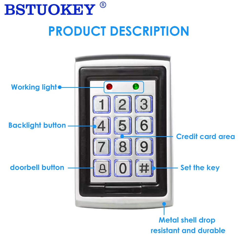 Metal Backlight RFID Proximity Card Reader, Door Access Control System, Smart Lock Access Controller, Smart Keypad Lock, 125kHz
