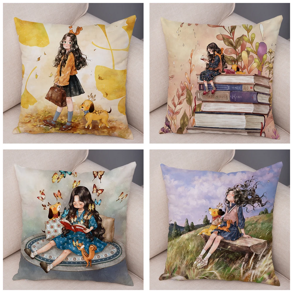 Colorful Cute Cartoon Girl and Pet Dog Fairy Tale World Pillowcase Decor for Sofa Home Pillow Case 45x45cm Plush Cushion Cover