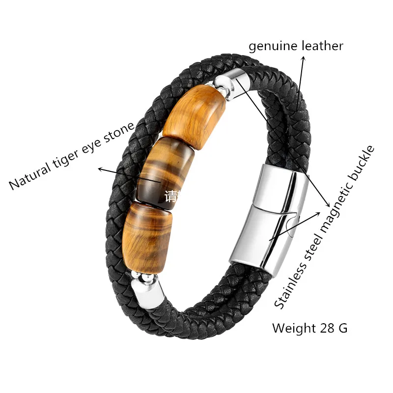 Moon Shape 100% Natural Tiger Eye Stone Vintage Jewelry Leather Rope Charm Bracelet 316L Stainless Steel Unisex Bracelet