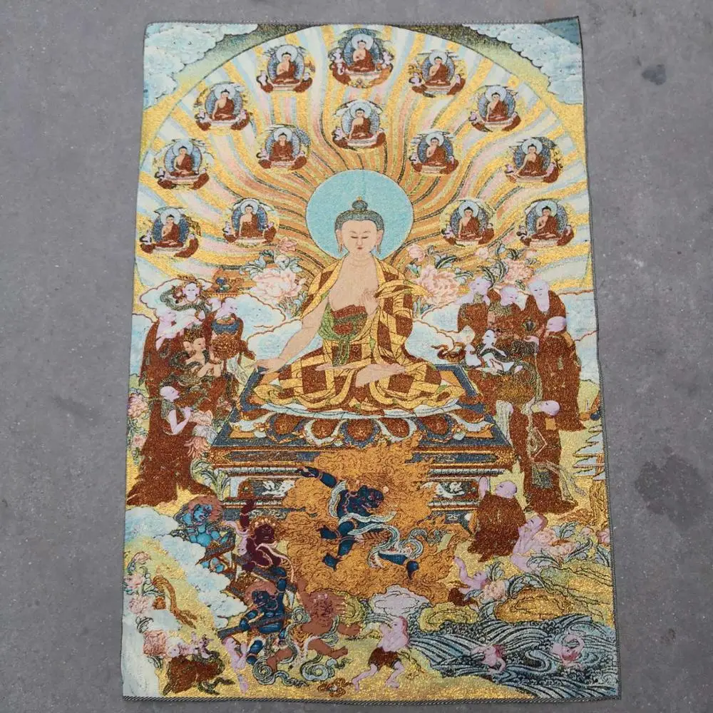 

35"Thangka Embroidery Tibetan Buddhism silk Embroidery brocade Nepal Shakyamuni Buddha Platform Thangka Worship Hall Town house