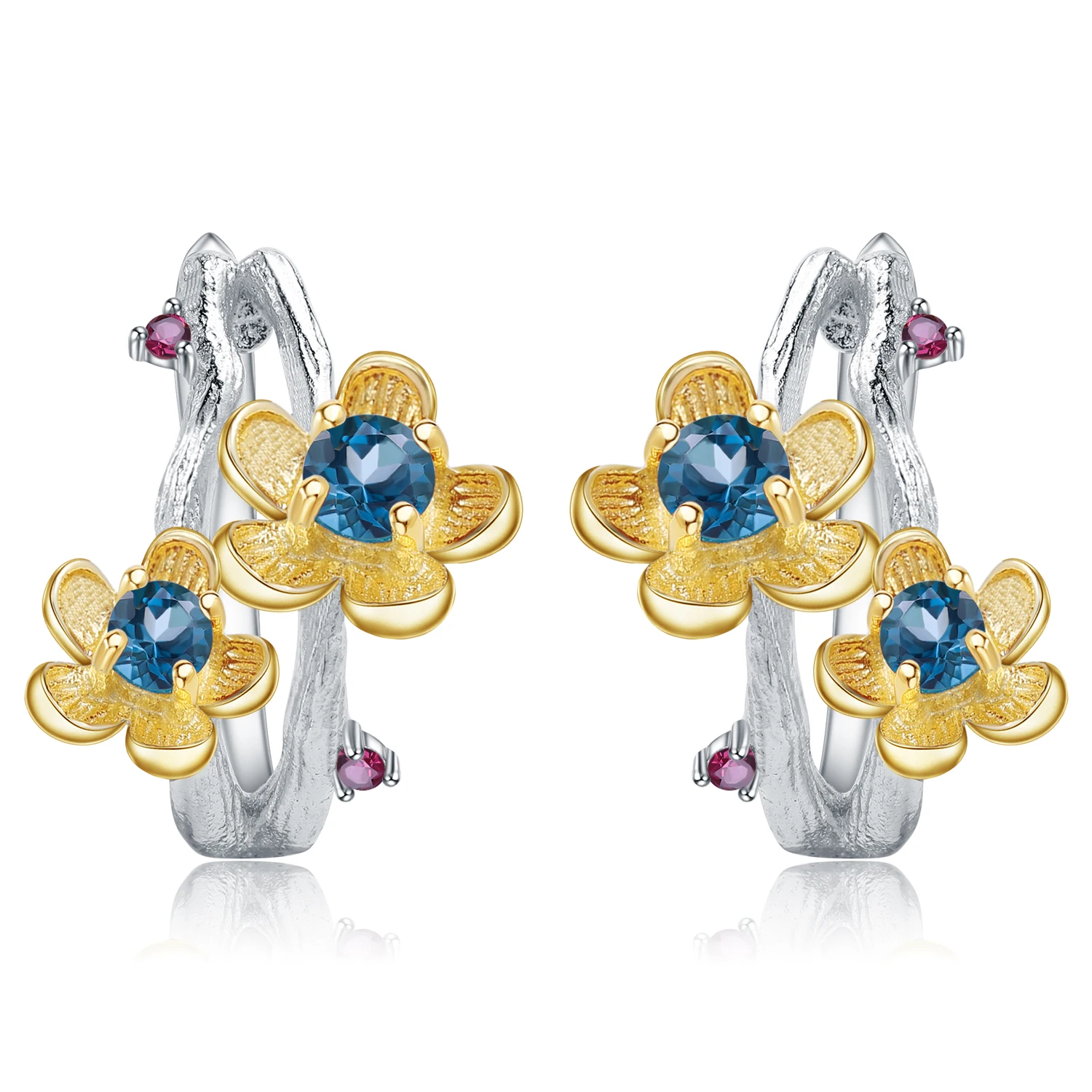 GEM'S BALLET 2.10Ct Natural London Blue Topaz Earrings 925 Sterling Silver Handmade Beach Blossom Flower Stud Earrings for Women