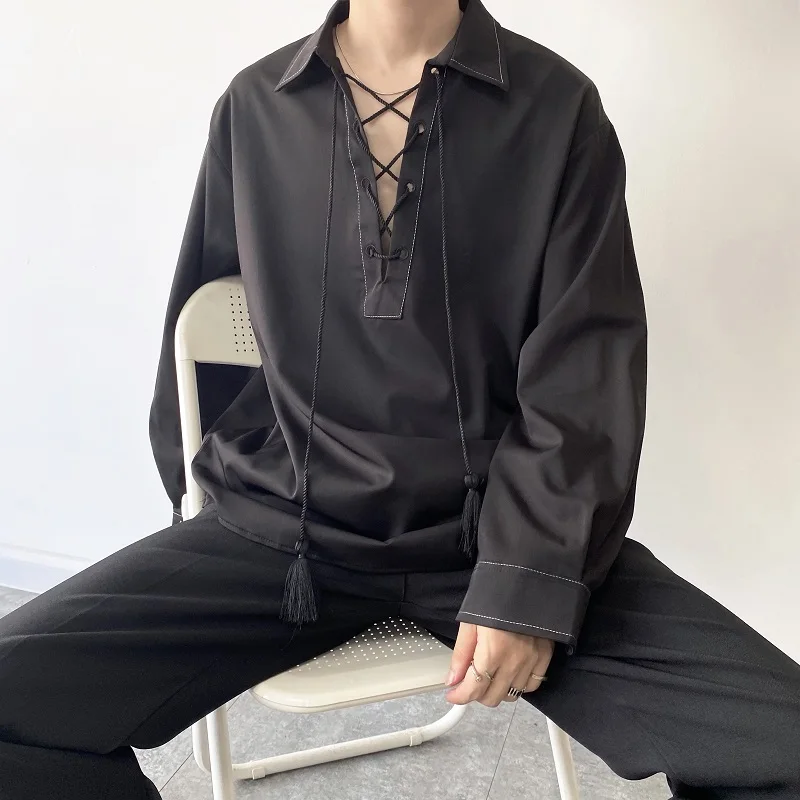 Men's spring and autumn new personality tassel ribbon design fashion trend black lapel long sleeve shirt