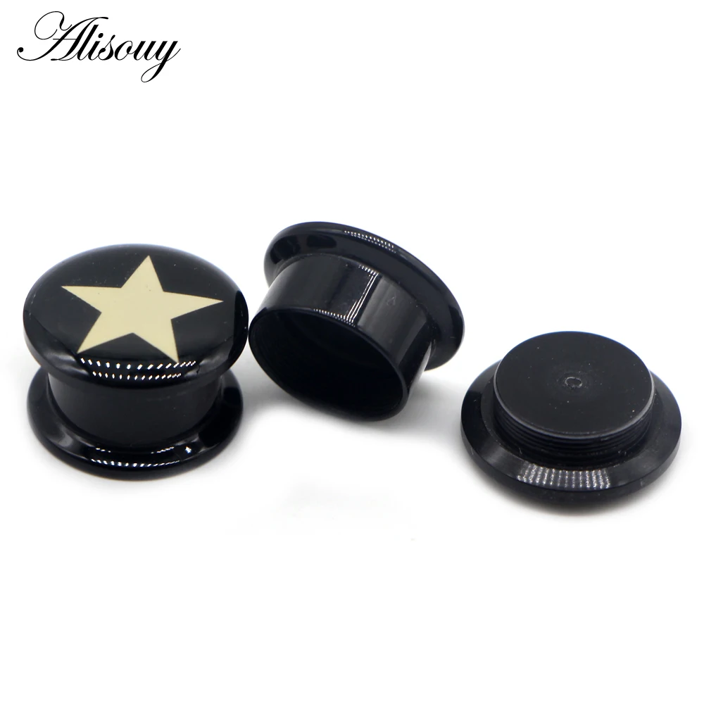 Alisouy 2pcs 4-25mm Ear Gauge Plugs Star Black Acrylic Screw Fit Flesh Tunnel Eyelet Stretchers Ear Plug Body Piercing Jewelry