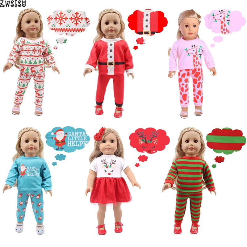 Doll Pajamas 2 Pcs Christmas Designs Nightgowns For 18 Inch American&43 Cm Born Logan Boy Doll Generation Girl`s Toy Santa Claus