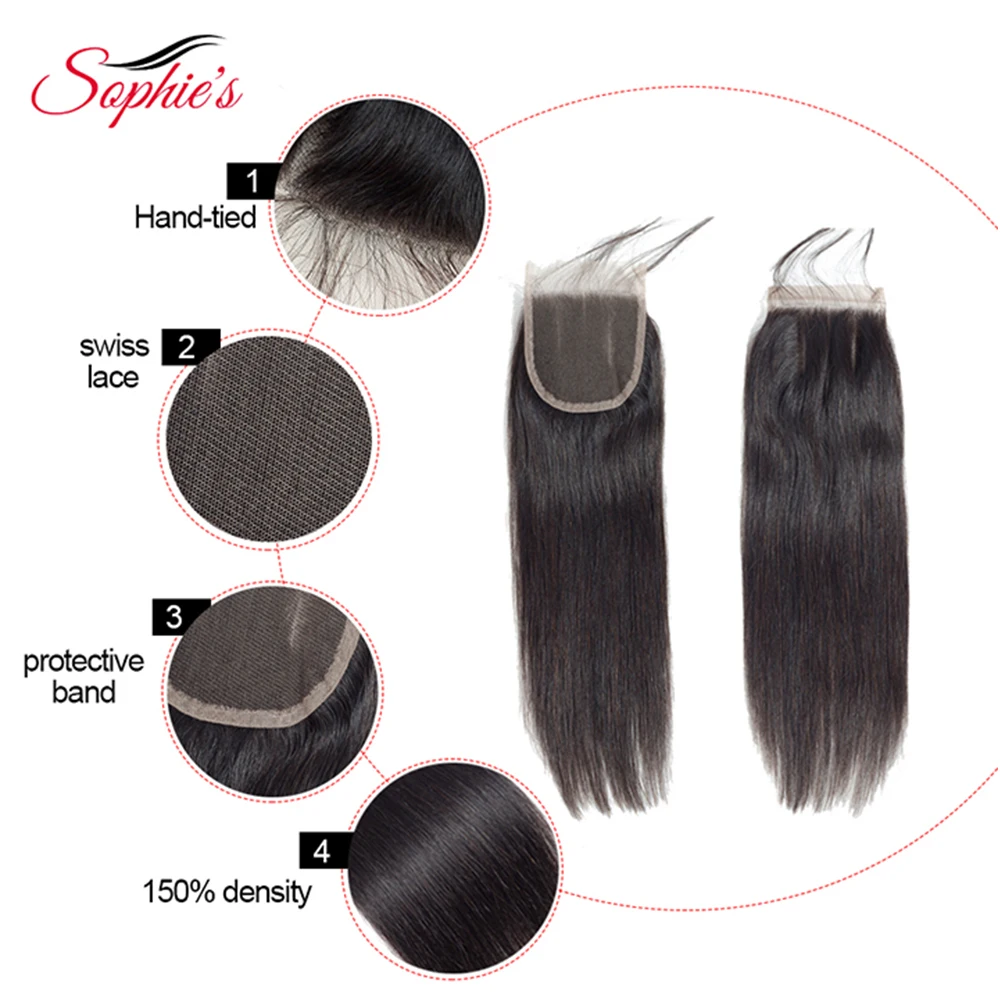 Sophie's Straight Bundles With Closure 8-26" Brazilian Hair Weave Bundles Remy 100% Human Hair 3 Bundles With Closure Extension