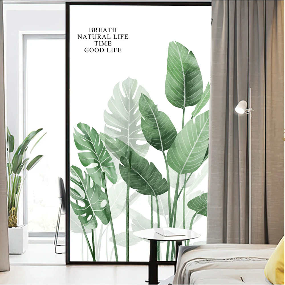 

Static Cling Privacy Window Film Green Plants Decorative Window Film Frosted Glue Free Glass Window Sticker for Home Decor