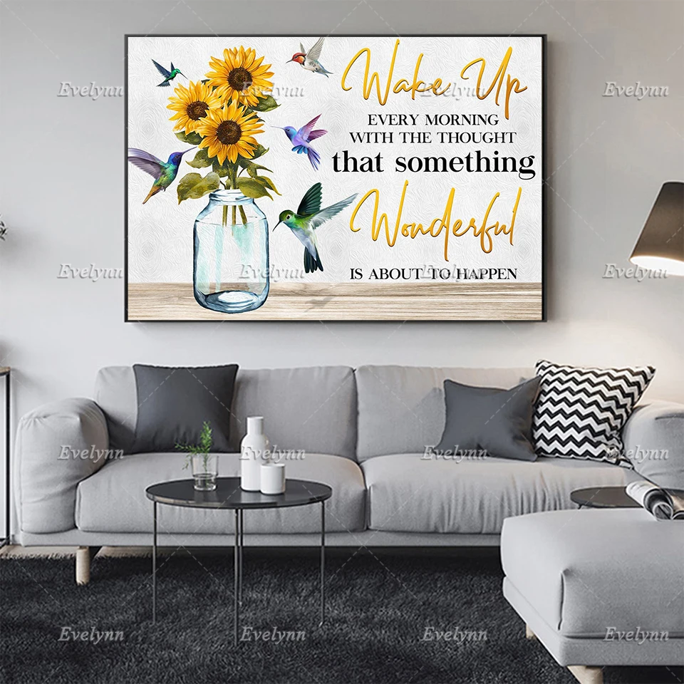 Hummingbird And Sunflower Motivational Something Wonderful Is About To Happen Poster,Wall Art Home Decor Canvas Floating Frame