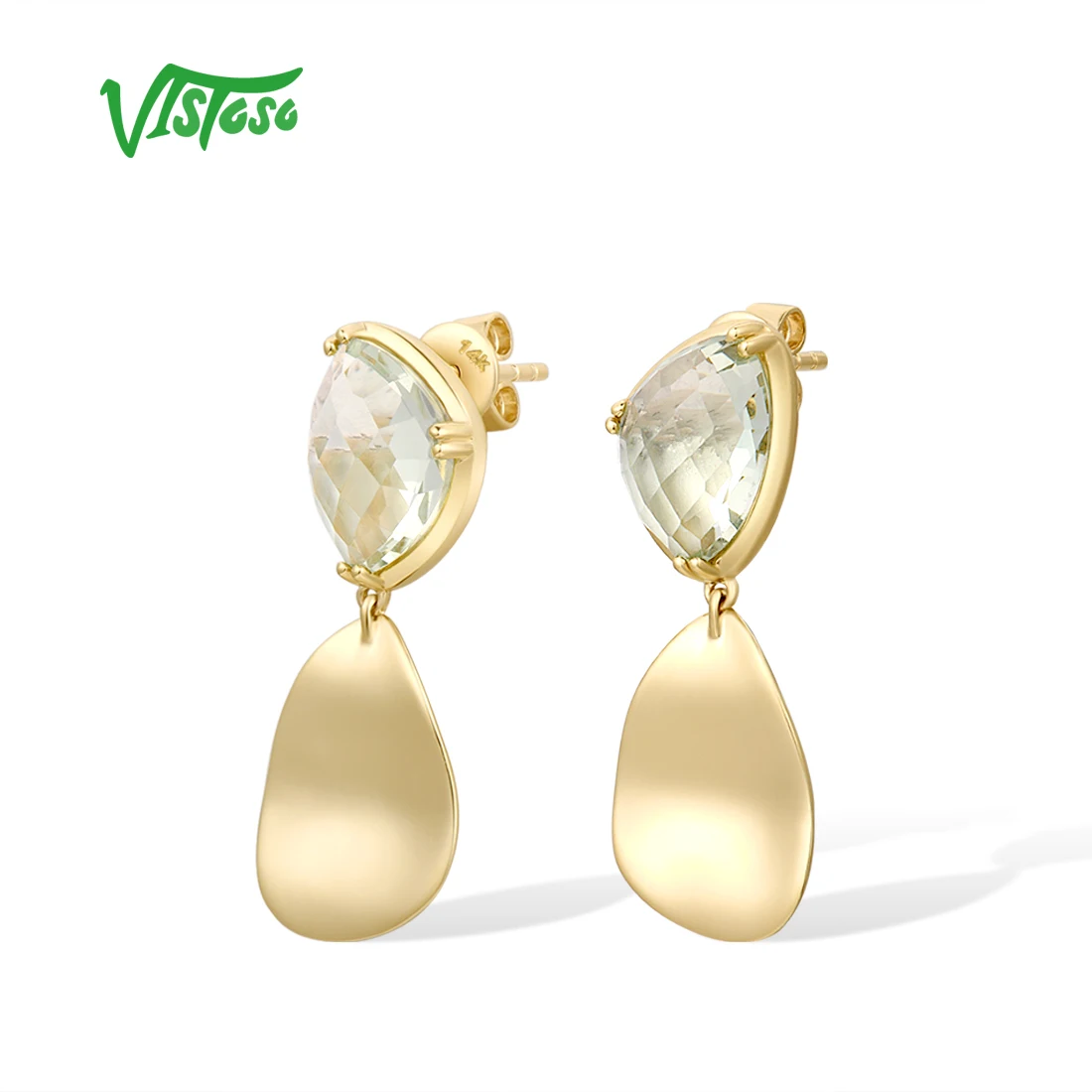 VISTOSO Genuine 14K 585 Yellow Gold Earrings For Women Shiny Green Amethyst Drop Earrings Engagement Anniversary Fine Jewelry