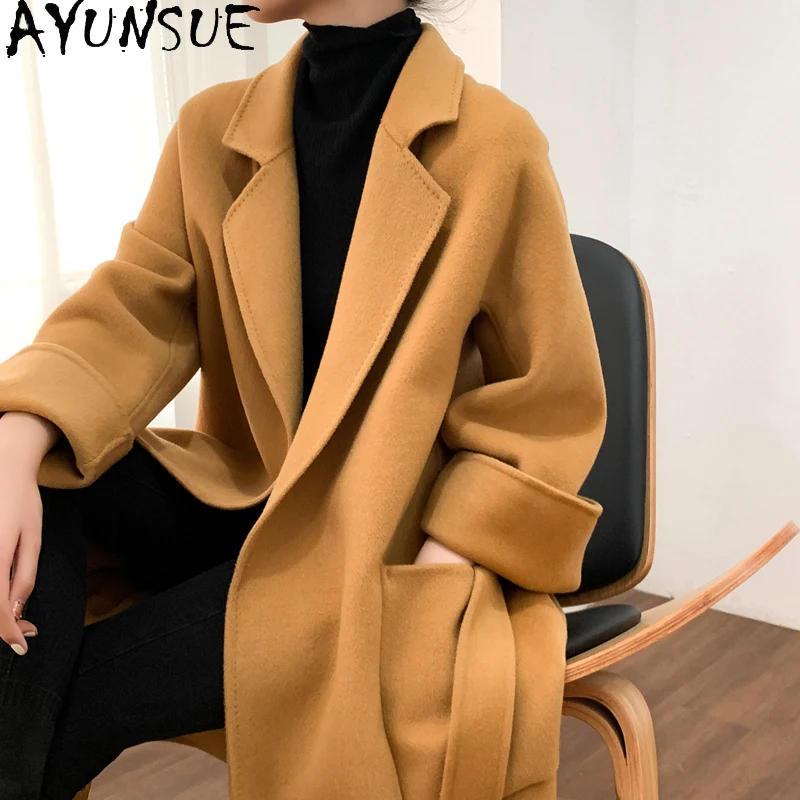 

AYUNSUE Korean 100% Wool Coat Female Fashion Autumn Winter Jacket Slim Long Coats and Jackets Women Clothing High Quality 6458