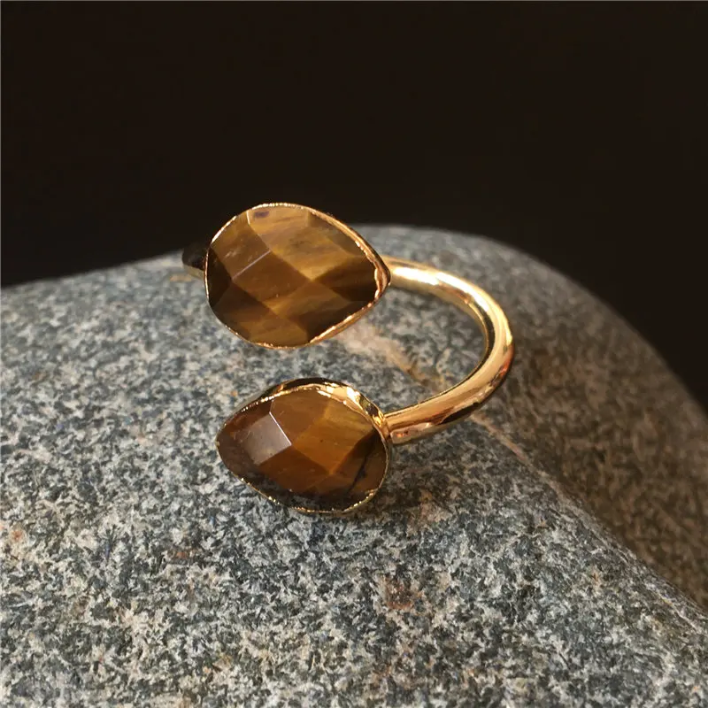 FUWO Amazing Design Double Teardrop Stone Rings Gold Color Plated Natural Crystal Quartz Ring Jewelry Wholesale 5 pieces RG035