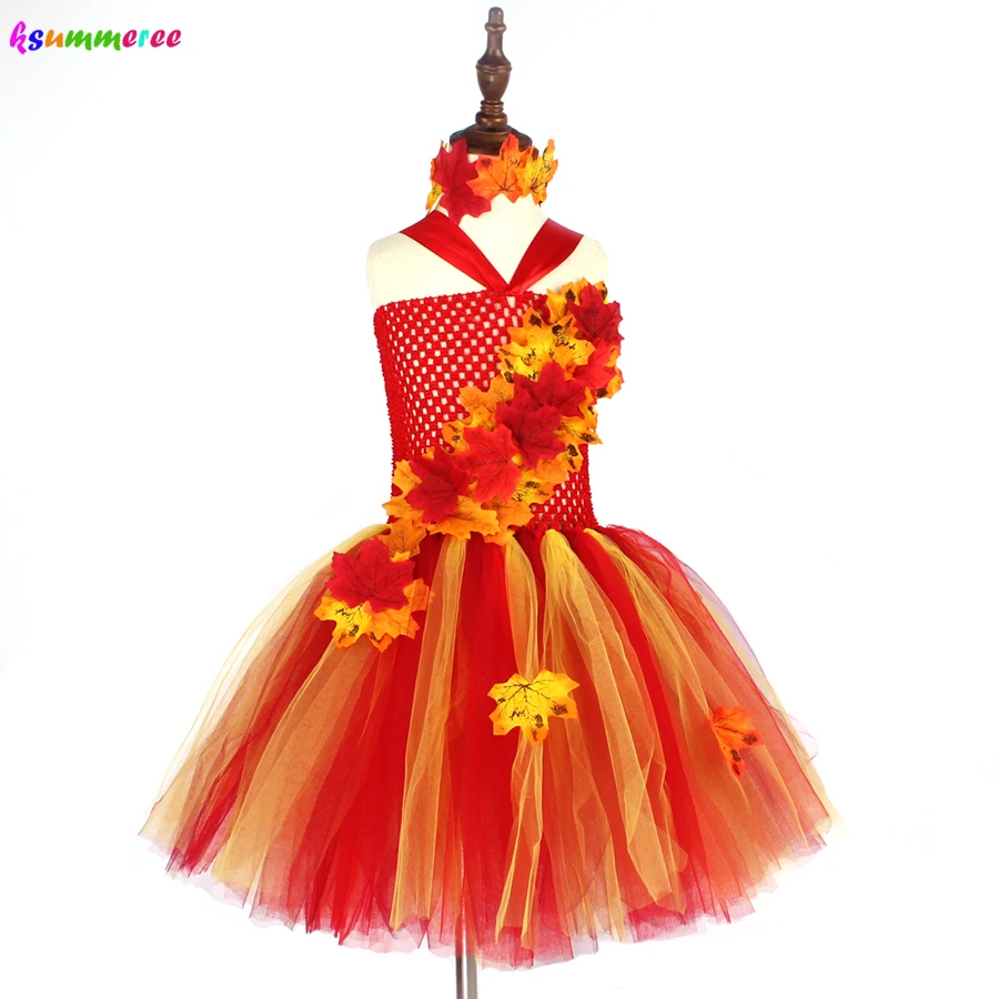 Autumn Fairy Girls Tutu Dress Maple Leaves Kids Tulle Dress with Headband Children Flower Dresses for Halloween Christmas