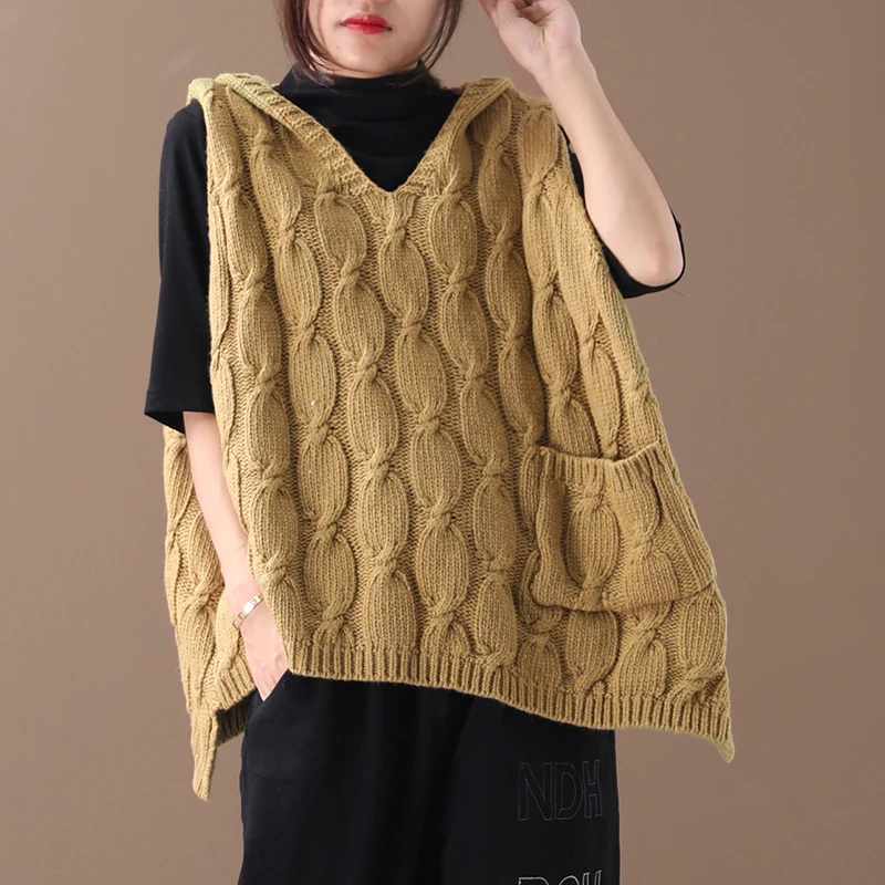 

Female new autumn and spring plus size outerwear Korean style literary hooded irregular thicking wool loose sweater vest