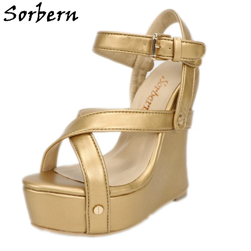 Sorbern Gold Red Sandal Women Strange Style Wedge Slingback Summer High Heel Shoes Party Sandal Ankle Straps Open Toe Shoes