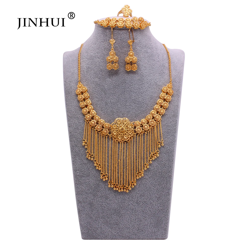 

African Gold plated Bead tassel wedding bridal gifts jewelry sets Dubai necklace Bracelet earrings ring jewellery set for women