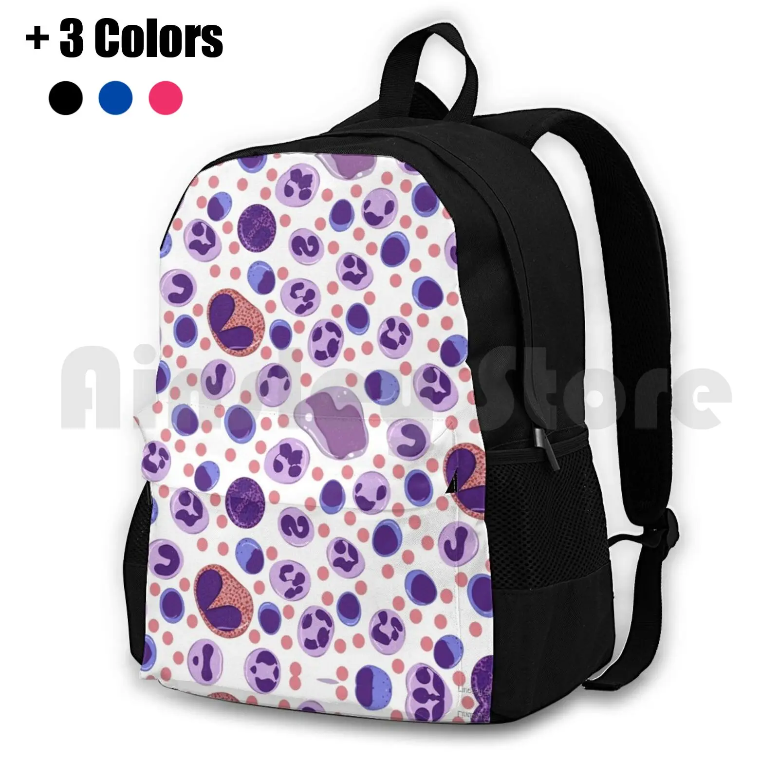 Large White Blood Cell Pattern Outdoor Hiking Backpack Waterproof Camping Travel Lab Science Medicine Hematology Blood