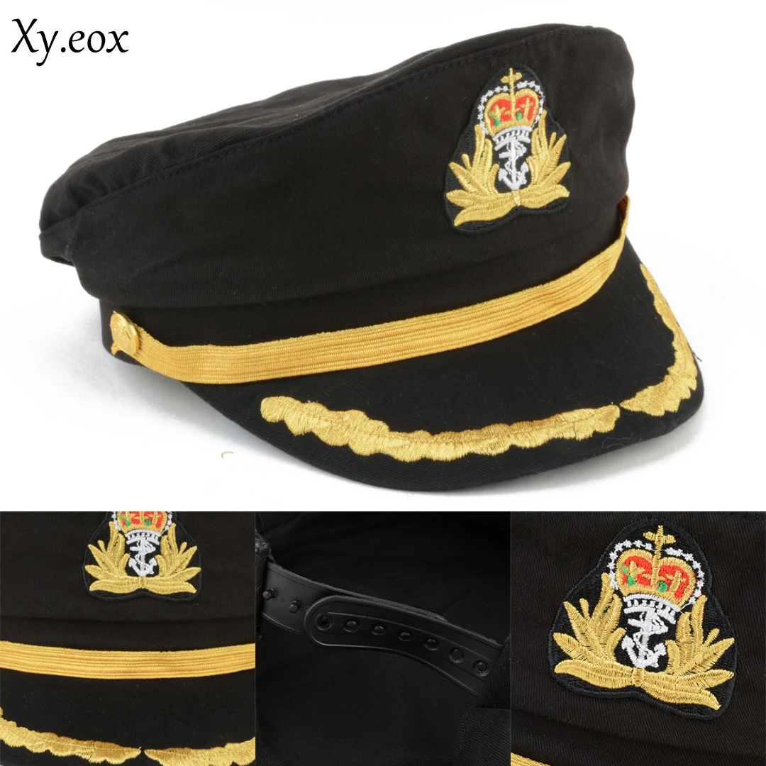 Men's Women's Navy Sailor Hat Officer Stag Night Nautical Captain Cap Hat Black