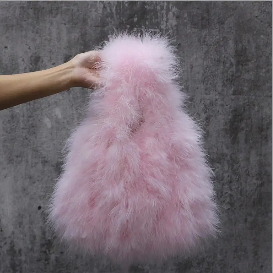 

Casual Tote Real Ostrich Feather Fur Top Handle Bags Fashion Women Winter Soft Handbag Warm Clutch Candy Color Bag