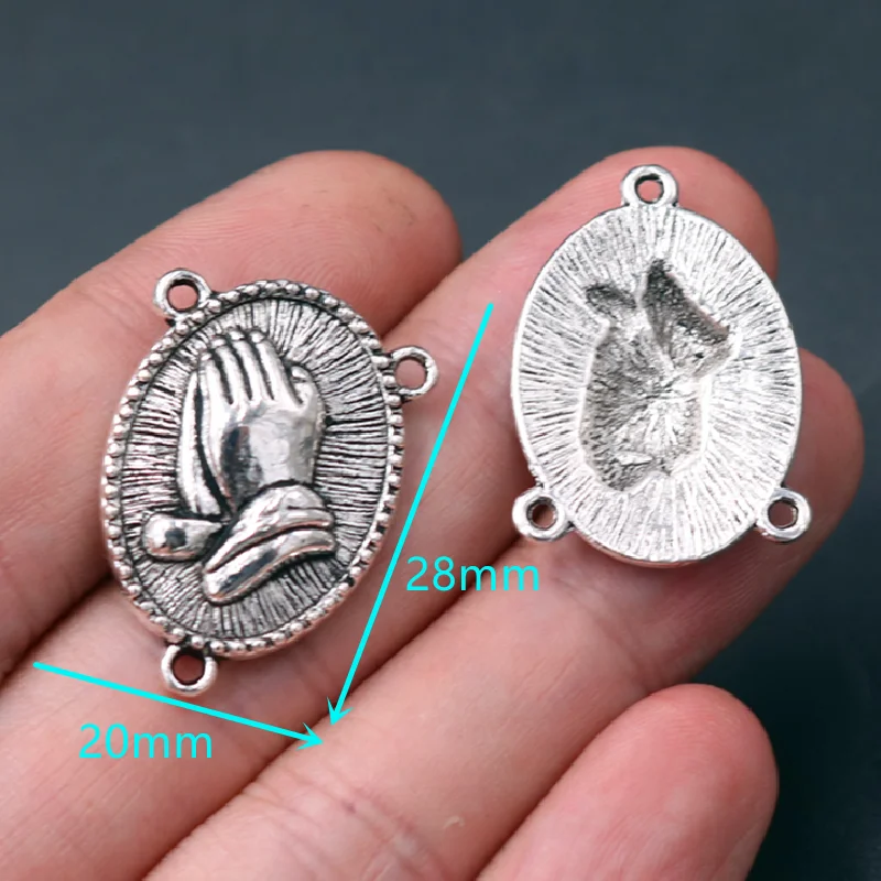 10pcs Silver Plated Catholic Hands Crossed In Prayer Devout Gesture Three Hole Connectors DIY Charm Rosary Jewelry Crafts Making