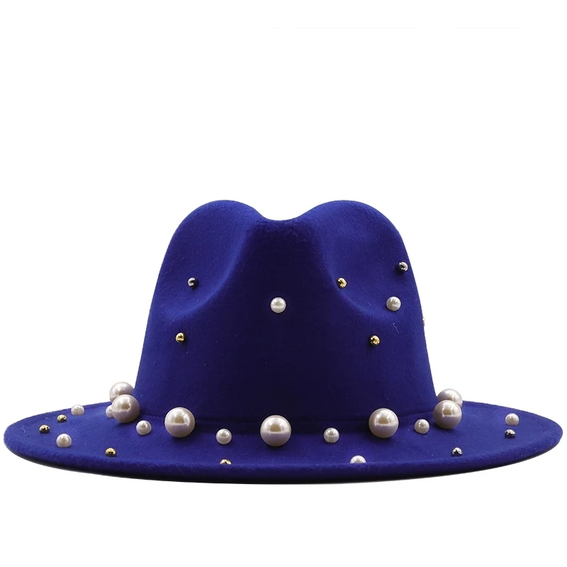 New Women Men Wool Fedora Hat With Big Pearl Gentleman Elegant Lady Winter Autumn Wide Brim Church Panama Sombrero Jazz Cap