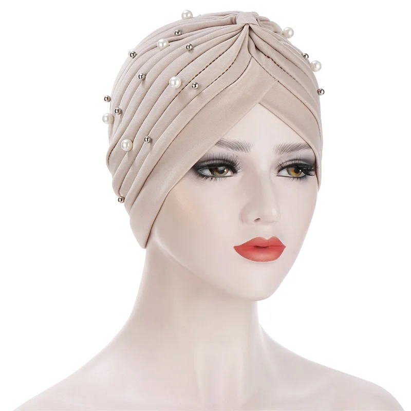 New Women's Hair Care Islamic Pearl Head Scarf Milk Silk Muslim Beads Braid Wrap Stretch Turban Hat Chemo Cap Head Wrap