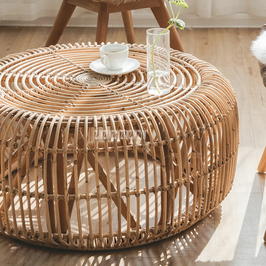 Round Rattan Coffee Table Hand-Woven Portable Living Room Real Rattan Tea Table Modern Minimalist Style Small Wicker Table