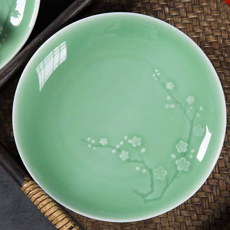 6/7/8/9 Inch Ceramic Plate Longquan Celadon Plum Blossom Flower Dish Steak Plate Tableware Creative Round Dishes Decor Crafts