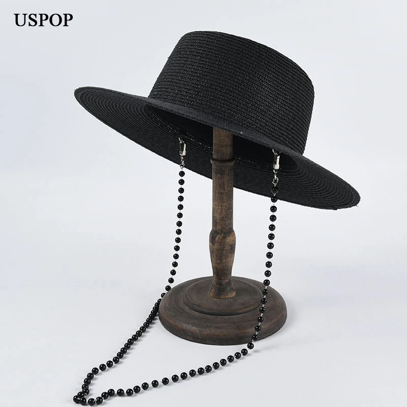 

USPOP women summer hats straw sun hat panama straw fedoras with chain Beach sunshade