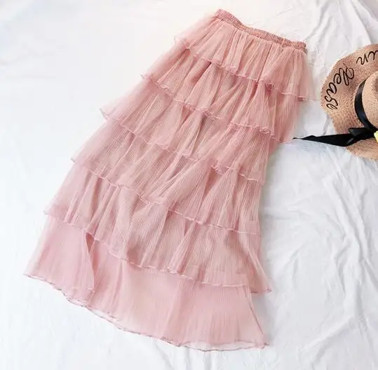 Womens Cake Layered Maxi Long Tulle Skirts Streetwear Tiered Mesh Ruffled Tutu Ankle Long Skirts Pink Gray Ivory