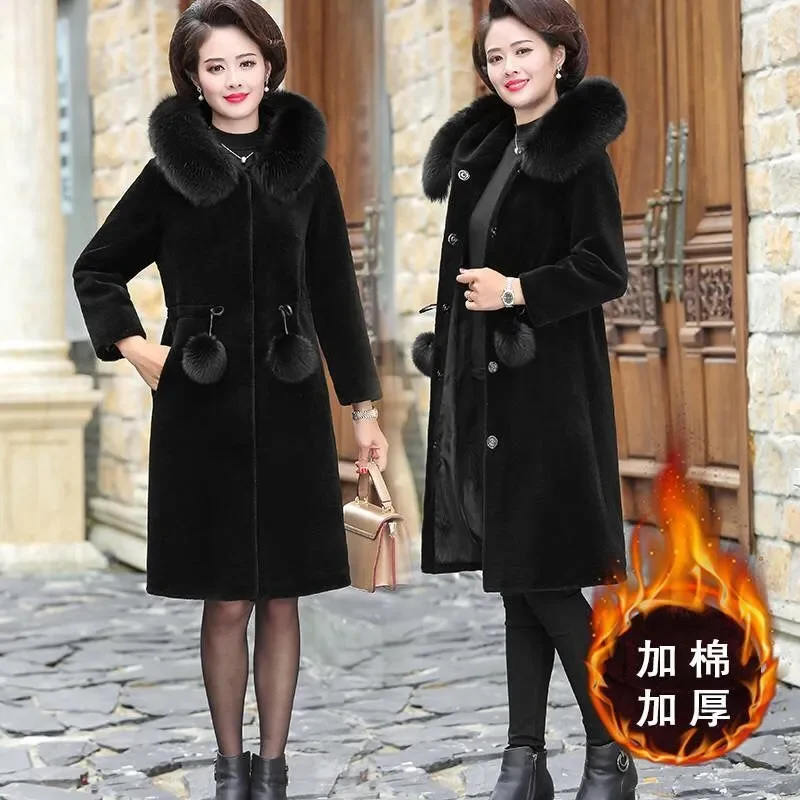 Middle-Aged Imitation Fur Coats Women's 2024 Winter New Jacket Plus Velvet Thick Ladies Mink Velvet Outwear Mid-Length Overcoat