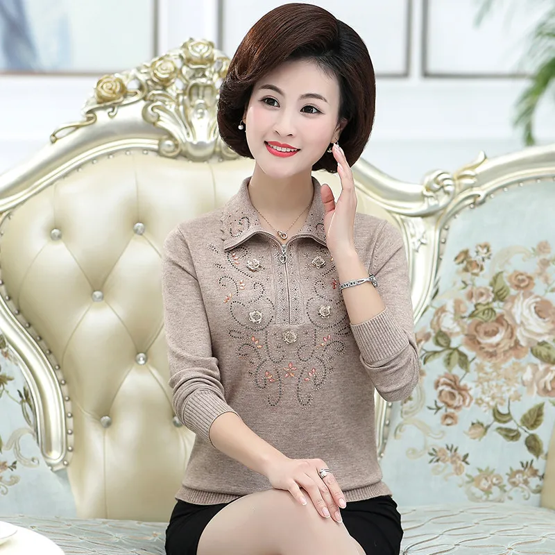 Middle-aged Women's Sweater Spring Autumn Long-sleeved Lapel Zipper Pullover Tops  4XL Lady Casual Knit Sweater W1714