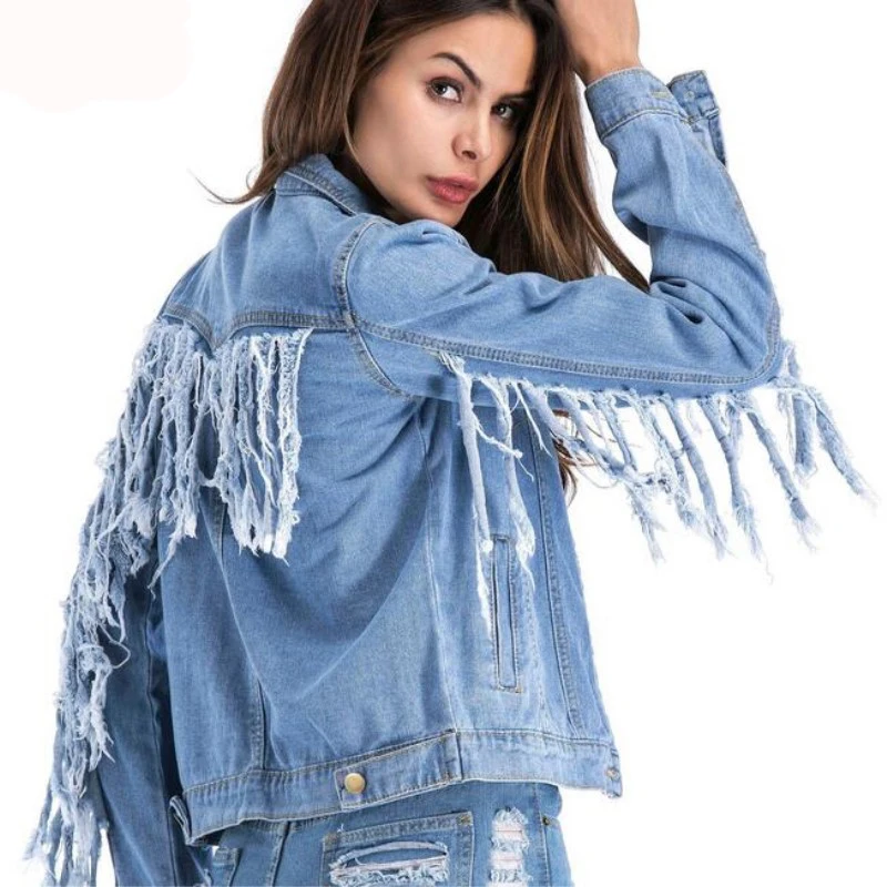 Imagem -03 - Mulheres Denim Jaqueta Tassel Fino Moda Quente Franja Buracos Denim Jaqueta Senhora Elegante Vintage Jaquetas Básico Cabolsas Tamanho Grande