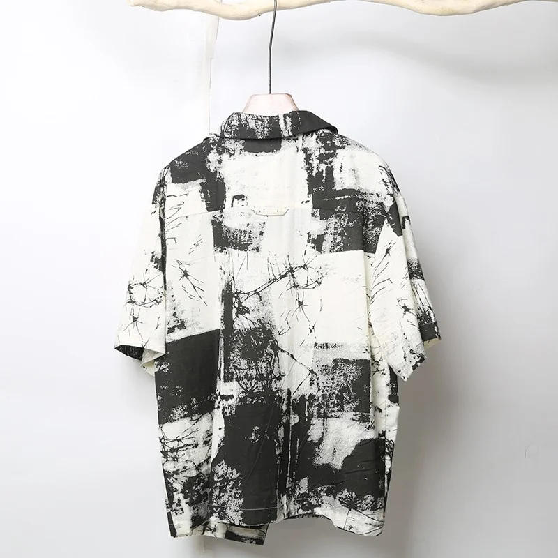 Cotton Vintage Linen Shirt Men Casual Pullover Tops Lapel Short Sleeve Printed Shirts Thin Section Loose New Summer Hawaii Shirt