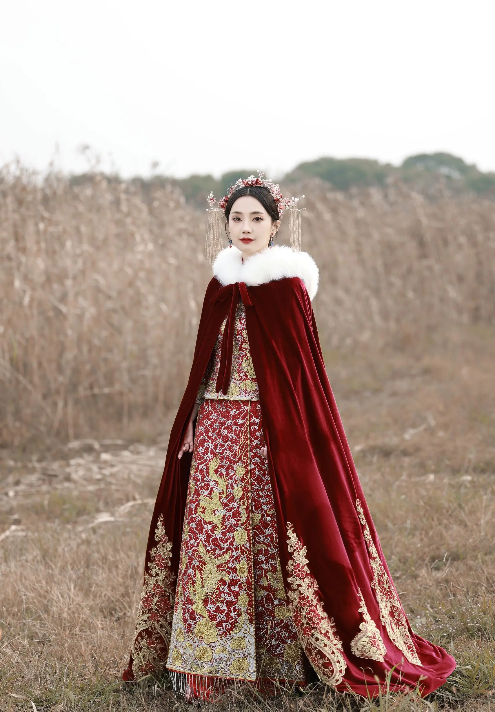 Winter Long Warm Bridal Wrap with Embroidery Dark Red Wedding Cloak Velvet Cape for Bride