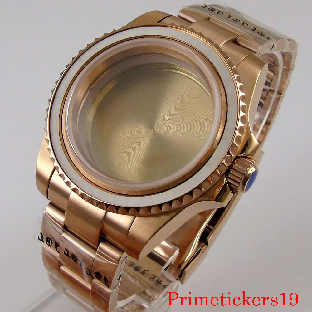 40mm rose gold plated watch case watch strap fit NH35 NH36 automatic movement rotating bezel deployment buckle