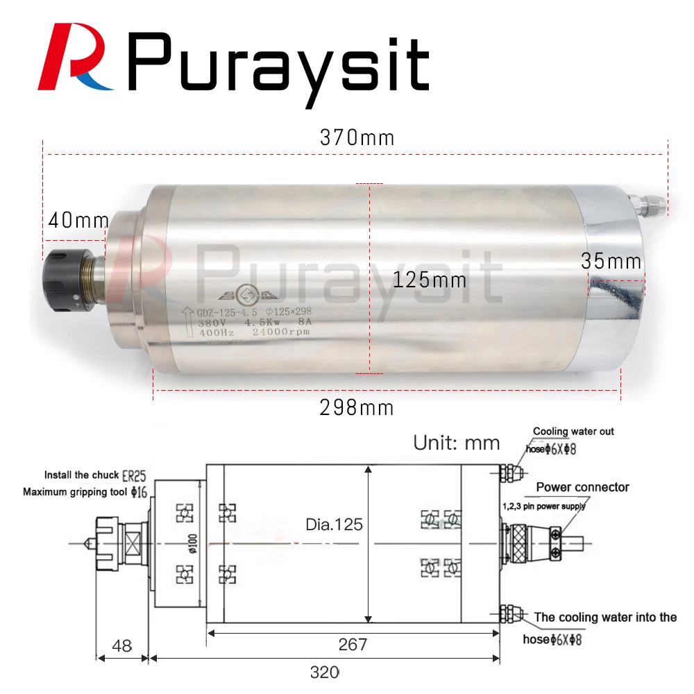 Puraysit Water Cooling Spindle GDZ-125-4.5KW ER25 380V 8A 220v 12A 24000rpm CNC Router Spindle Motor for CNC Router Machines